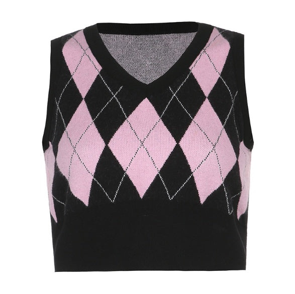 Argyle Plaid Knitted Tank Top V Neck Women Sweater Vest 90s