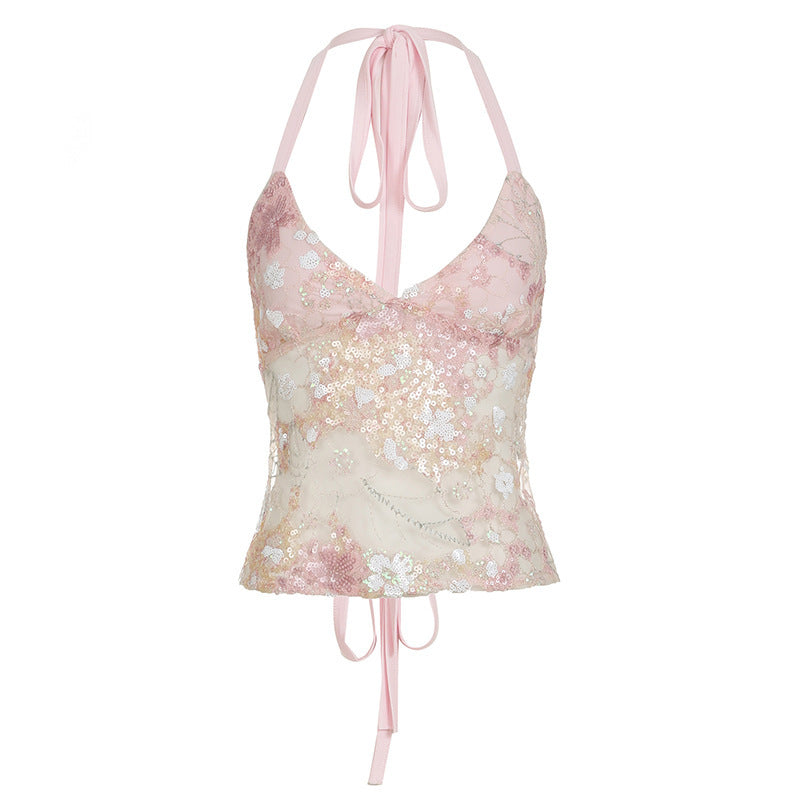 Backless Lace Up Lace Halter Lace-up Vest