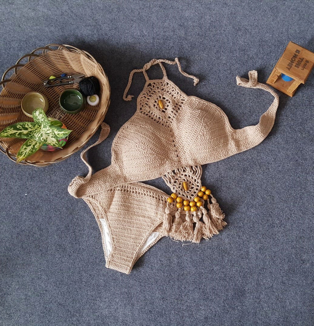 2021 Europe and the United States new woman swimsuit set, beach sunshine bath, foreign trade Crochet Crochet tassel bikini