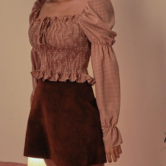 Bandeau drawstring check ladies top