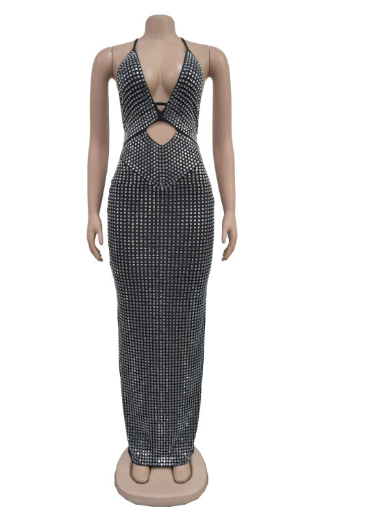 Amoi Shiny Rhinestone Sexy Cutout Halter Sheath Dress Fashion Hot Party Dress