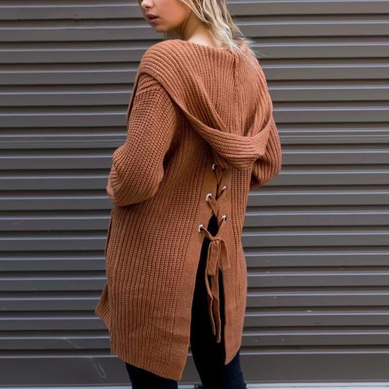 Adjustable size hooded loose double pocket back split straps women's sweater sweater