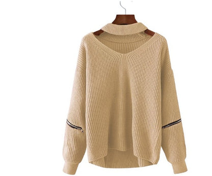 Neck V-neck Zipper Sleeve Pullover