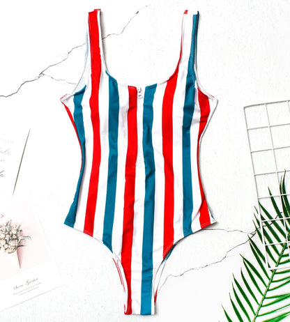 Zipper striped one-piece swimsuit