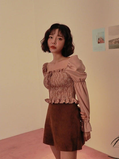 Bandeau drawstring check ladies top