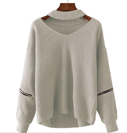 Neck V-neck Zipper Sleeve Pullover