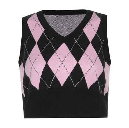 Argyle Plaid Knitted Tank Top V Neck Women Sweater Vest 90s
