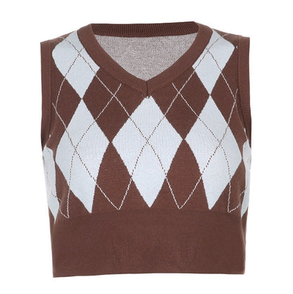 Argyle Plaid Knitted Tank Top V Neck Women Sweater Vest 90s
