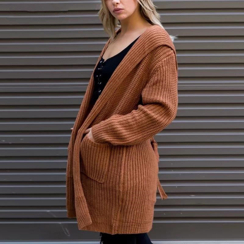 Adjustable size hooded loose double pocket back split straps women's sweater sweater