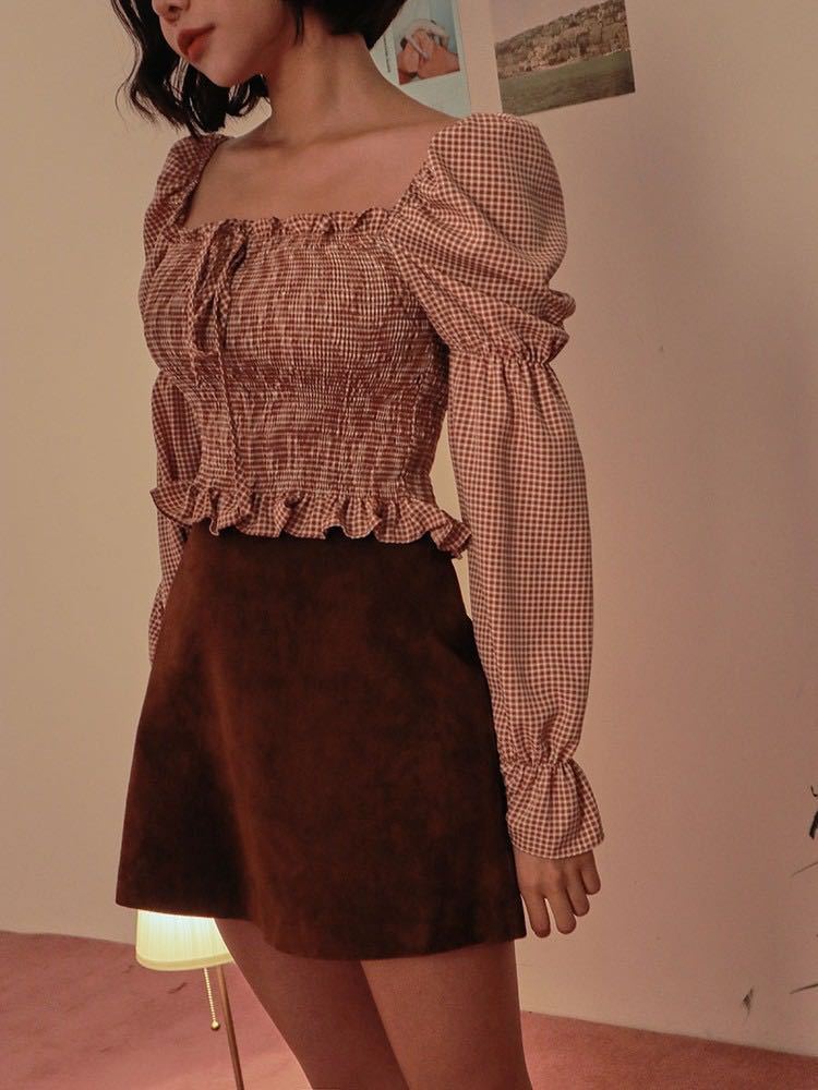 Bandeau drawstring check ladies top