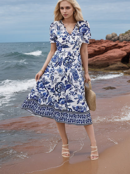 2025 New Women's Floral Print V-neck Dress, Floral Dress, Suitable For Vacation, Women's Dress
