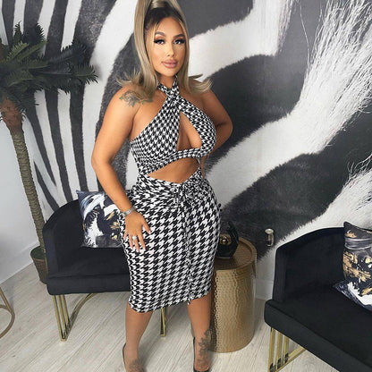 Backless Lace-Up Halter Cutout Smocked Pack Hip Dress