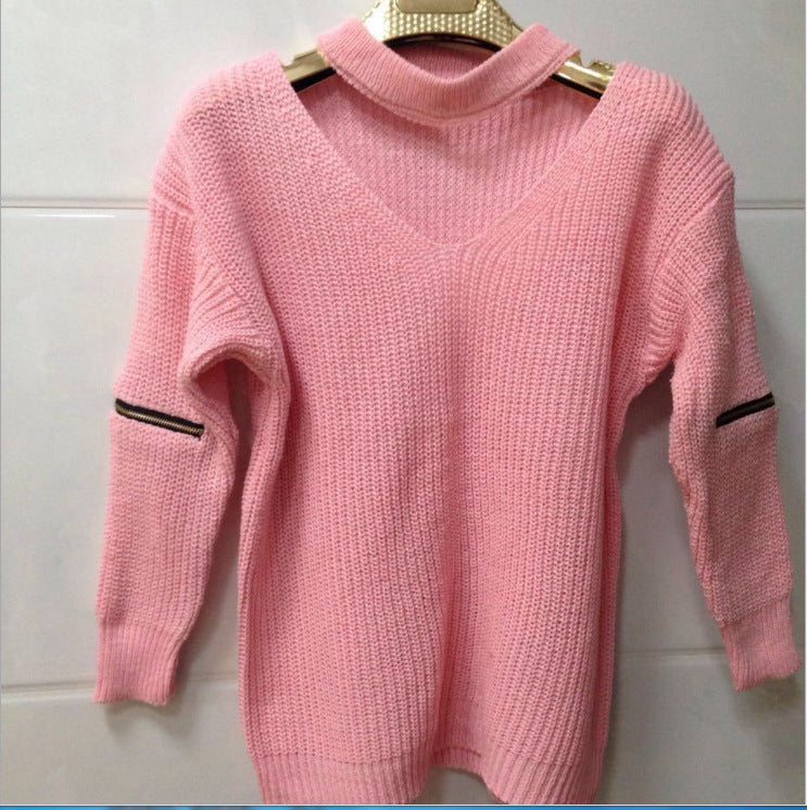 Neck V-neck Zipper Sleeve Pullover