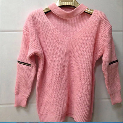 Neck V-neck Zipper Sleeve Pullover