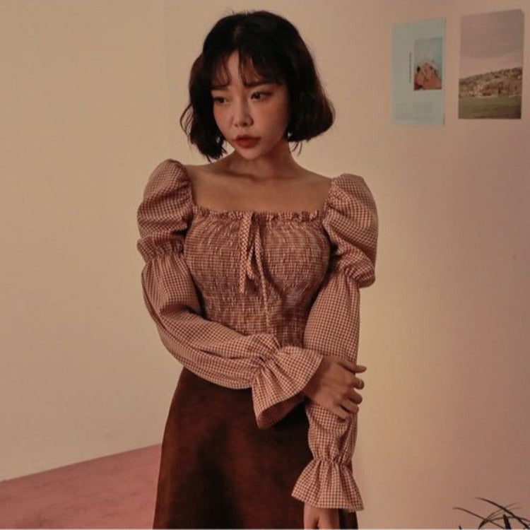 Bandeau drawstring check ladies top