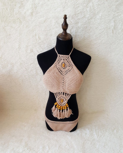 2021 Europe and the United States new woman swimsuit set, beach sunshine bath, foreign trade Crochet Crochet tassel bikini