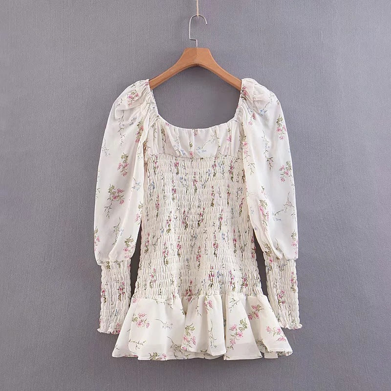 Bandeau print square collar lotus skirt