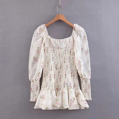 Bandeau print square collar lotus skirt