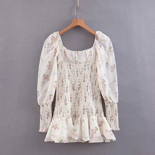 Bandeau print square collar lotus skirt