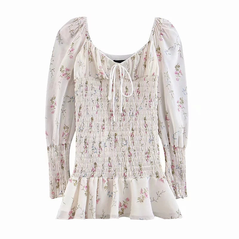 Bandeau print square collar lotus skirt