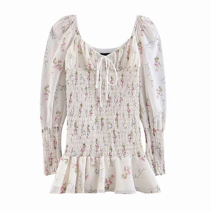 Bandeau print square collar lotus skirt