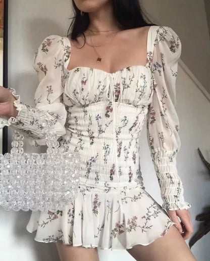 Bandeau print square collar lotus skirt