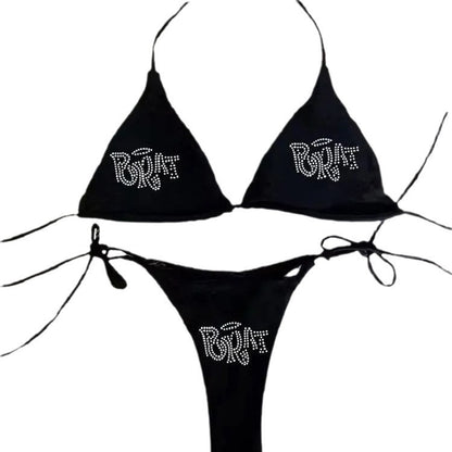 Y2g Letters Rhinestone Halter Sexy Backless Holiday Bikini