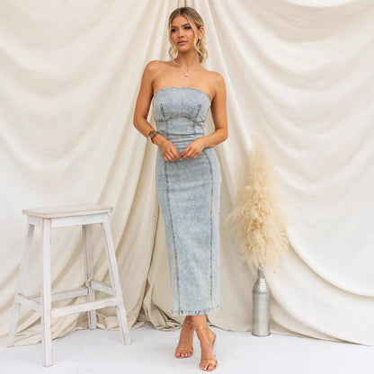 Bandeau Sexy Hot Girl Slim Fit Patchwork Denim Dress