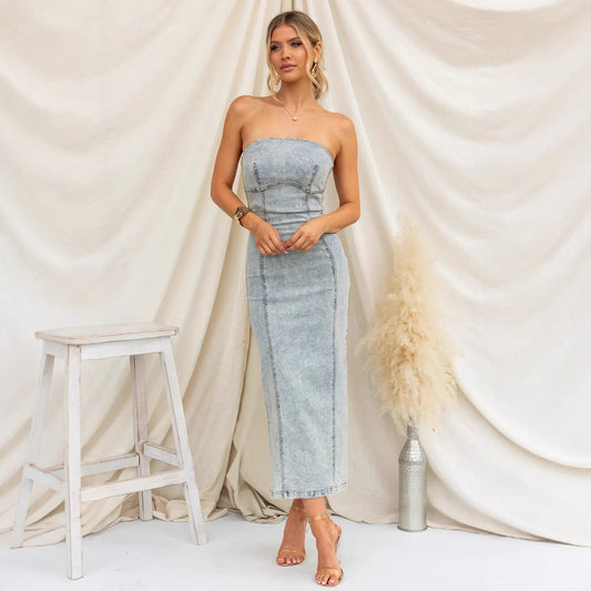 Bandeau Sexy Hot Girl Slim Fit Patchwork Denim Dress