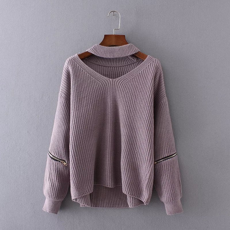 Neck V-neck Zipper Sleeve Pullover