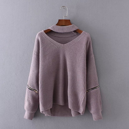Neck V-neck Zipper Sleeve Pullover