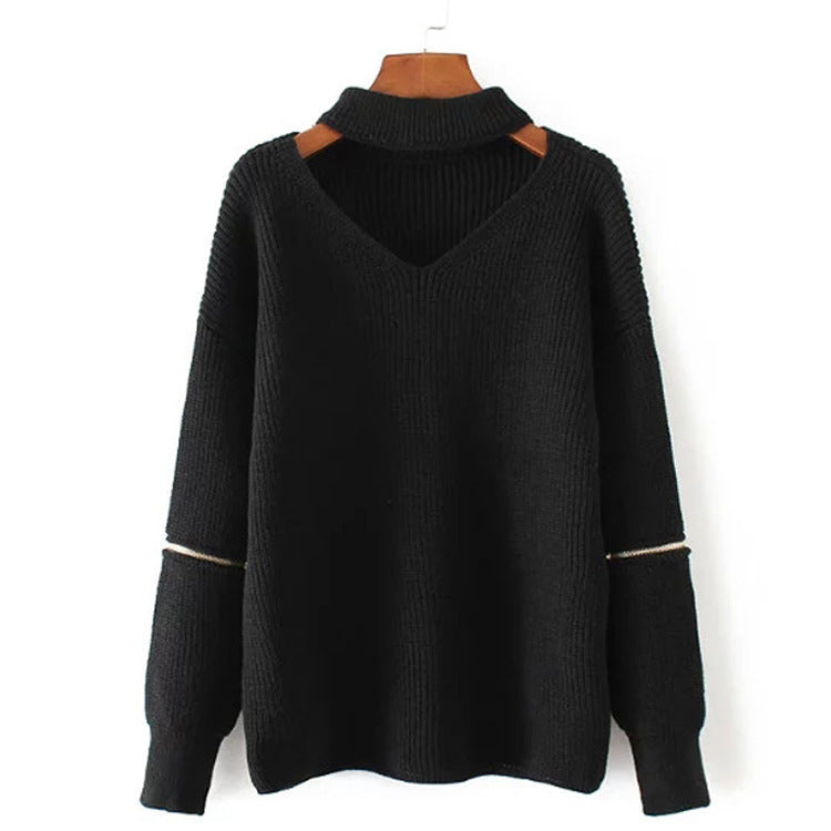 Neck V-neck Zipper Sleeve Pullover
