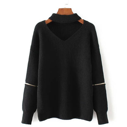 Neck V-neck Zipper Sleeve Pullover