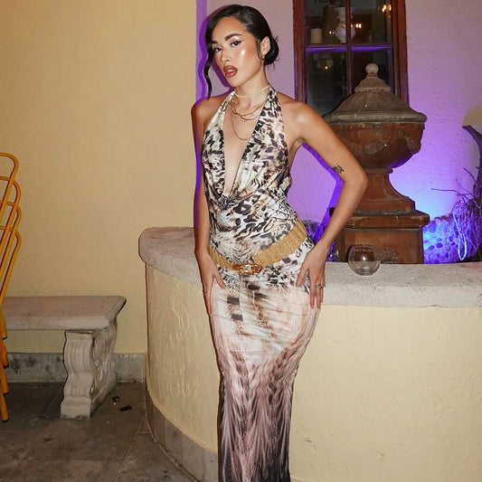 Bare Back Halter Lace-up Sheath Dress