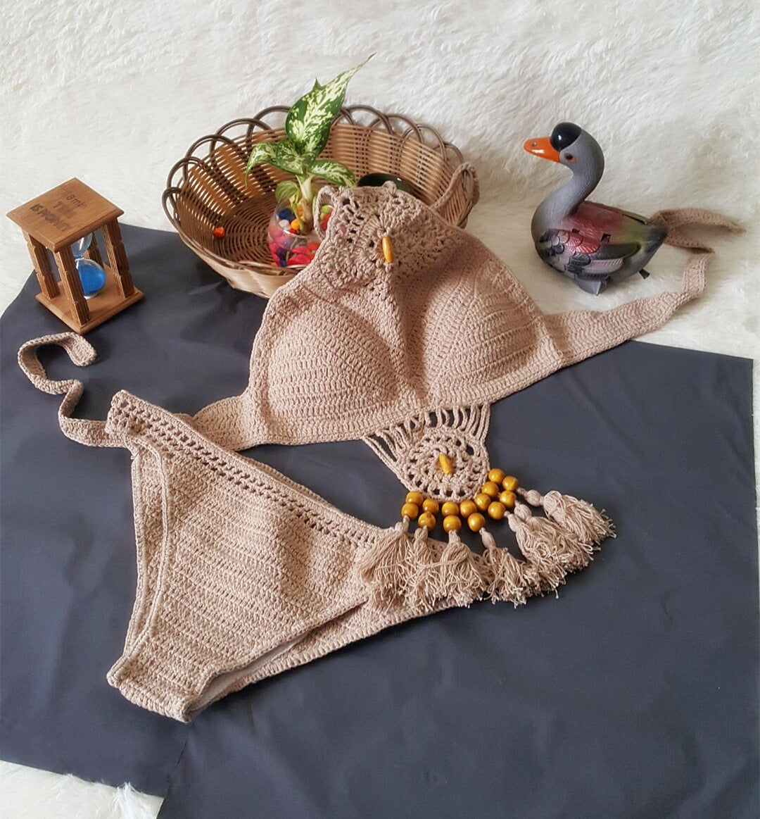 2021 Europe and the United States new woman swimsuit set, beach sunshine bath, foreign trade Crochet Crochet tassel bikini