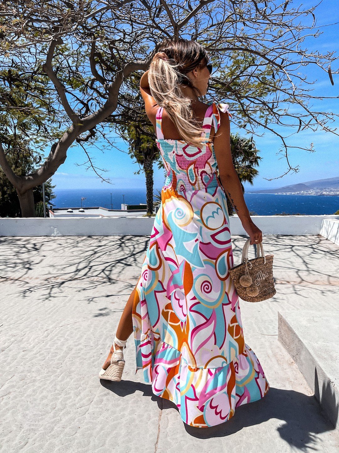 Bandeau Lace Sling Rainbow Print Dress