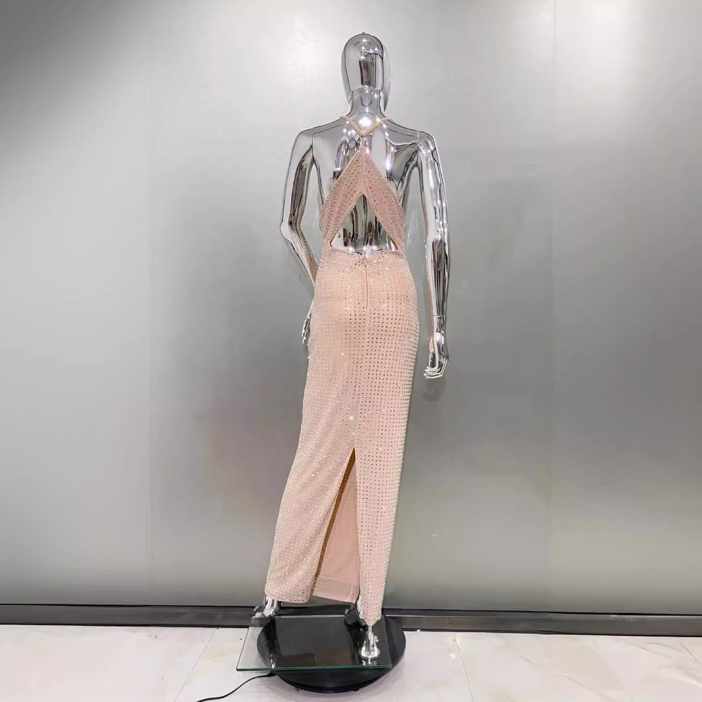 Amoi Shiny Rhinestone Sexy Cutout Halter Sheath Dress Fashion Hot Party Dress