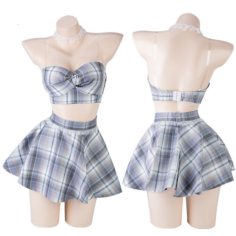 Bandeau Split Plaid Pleated Skirt Student Uniform Set