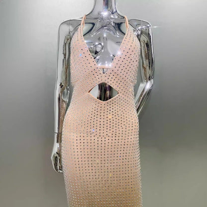 Amoi Shiny Rhinestone Sexy Cutout Halter Sheath Dress Fashion Hot Party Dress