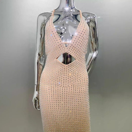 Amoi Shiny Rhinestone Sexy Cutout Halter Sheath Dress Fashion Hot Party Dress