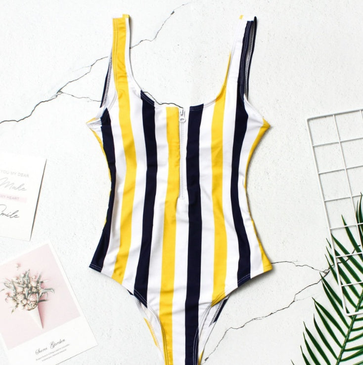 Zipper striped one-piece swimsuit