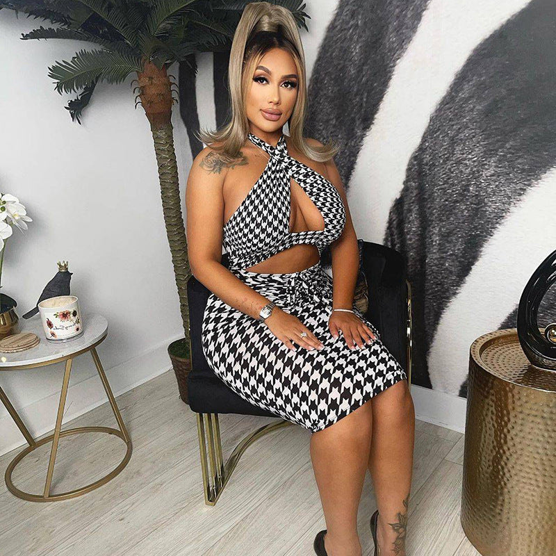 Backless Lace-Up Halter Cutout Smocked Pack Hip Dress