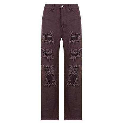 Asymmetrical Hole High-rise Buttocks Straight-leg Casual Jeans