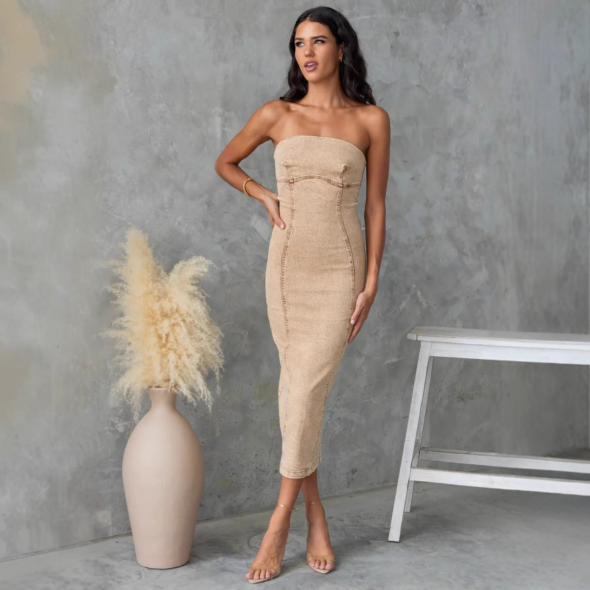 Bandeau Sexy Hot Girl Slim Fit Patchwork Denim Dress