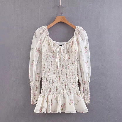 Bandeau print square collar lotus skirt