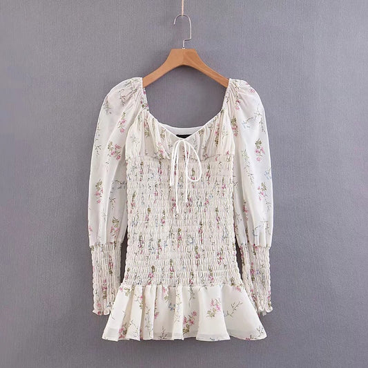 Bandeau print square collar lotus skirt