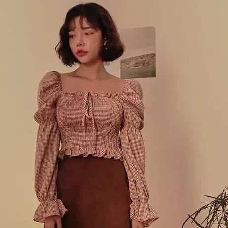 Bandeau drawstring check ladies top