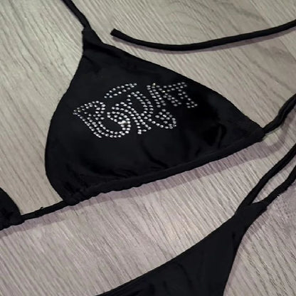 Y2g Letters Rhinestone Halter Sexy Backless Holiday Bikini