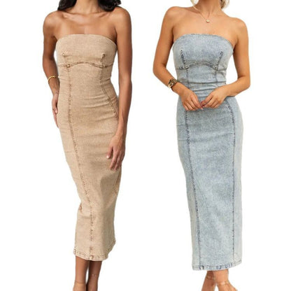 Bandeau Sexy Hot Girl Slim Fit Patchwork Denim Dress