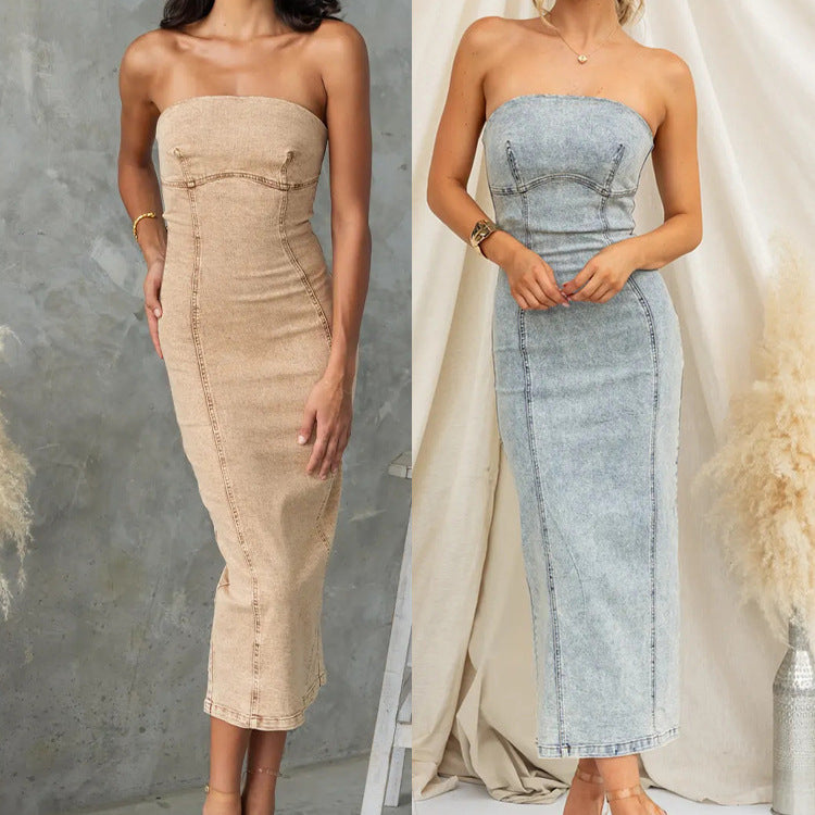 Bandeau Sexy Hot Girl Slim Fit Patchwork Denim Dress